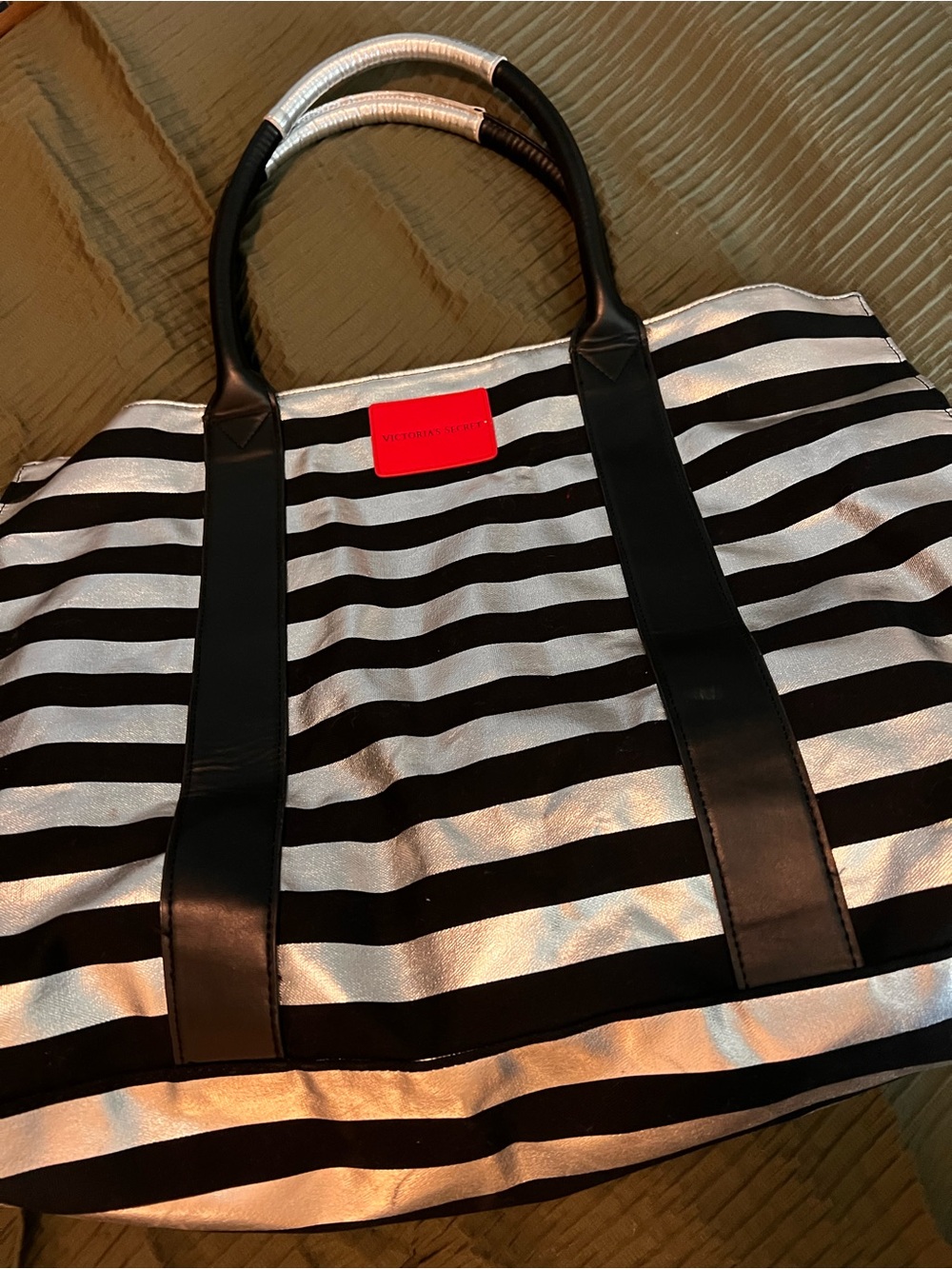 Victoria's Secret Black and White Striped Tote with Red Logo Patch